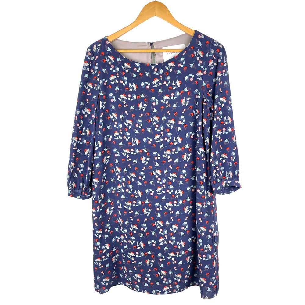 Amour Vert Navy Blue Ditsy Floral Silk Shift Dress 3/4 Sleeves Women's Small